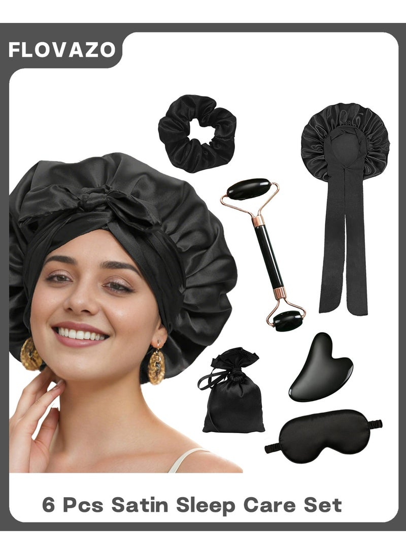 FLOVAZO 6-Piece Satin Sleep Care Set - Hair-Caring Bonnet, Matching Eye Mask & Scrunchie, Elastic Black Night Cap Facial massage set for Comfortable Night Sleep - Image 1